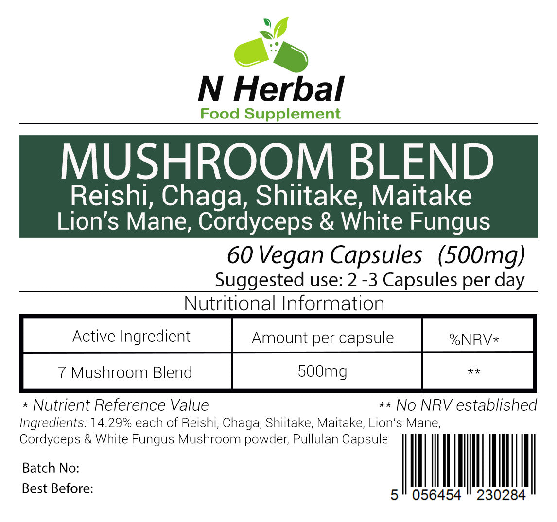 Mushroom Blend - 500mg Reishi, Chaga, Shiitake, Maitake, Lion's Mane, Cordyceps x 90 Vegan Capsules (1 Month Supply)