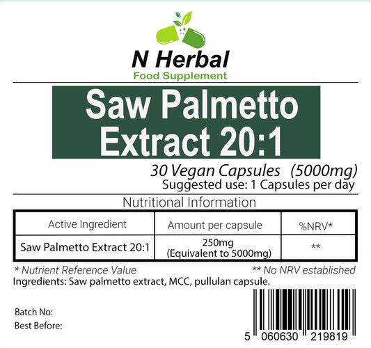 5000mg Saw Palmetto Extract 30 V Capsules (1 Month Supply) Suitable for Vegan Vegetarian Halal Kosher